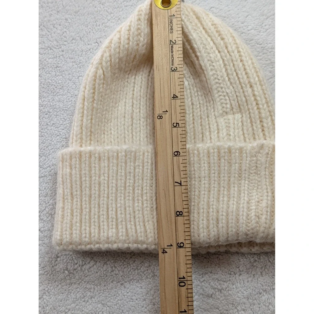 Anthropologie Cream Ribbed Knit Beanie Ivory Wool Blend Winter‎ Hat Snap Top